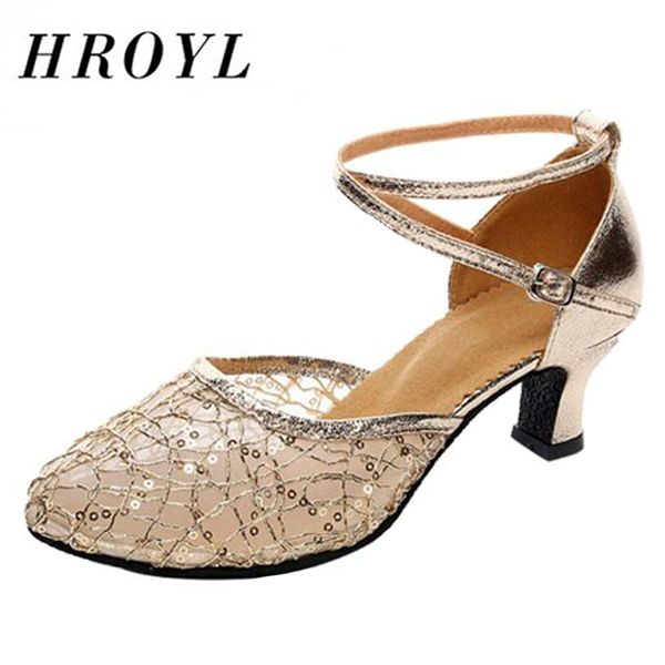 

hroyl selling modern latin dance shoes for women/ladies/girls latin tango ballroom mesh+sequins shoes heeled 3.5/5.5cm