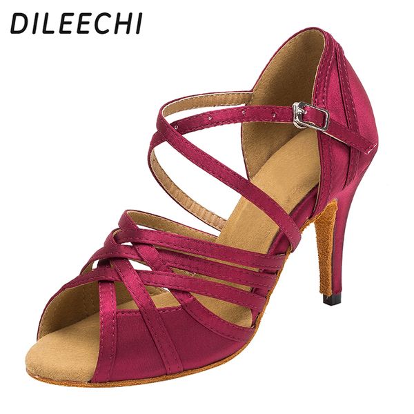 

dileechi latin dance shoes women's light satin color wine red heel 85mm soft outsole