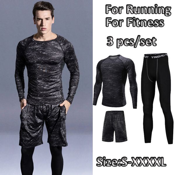 

3 pcs/set men sports suit compression underwear outdoor running jogging clothes t shirt pants gym fitness workout tights costume, Black;blue