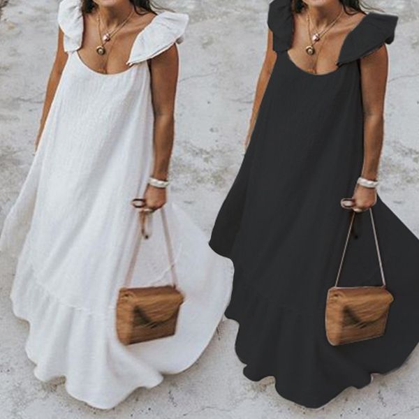 

womens dress 2020 summer ruffles sundress women bohemian solid maxi dress casual loose female sleeveless robe long vestidos plus size871, Black;gray