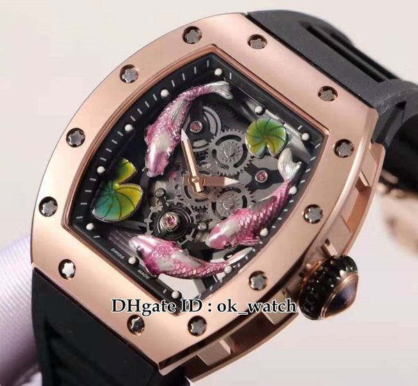 

rose gold case 3d brocade carp totem dial 57-01 miyota automatic mens watch rubber strap new gents sports watches 10 colors, Slivery;brown
