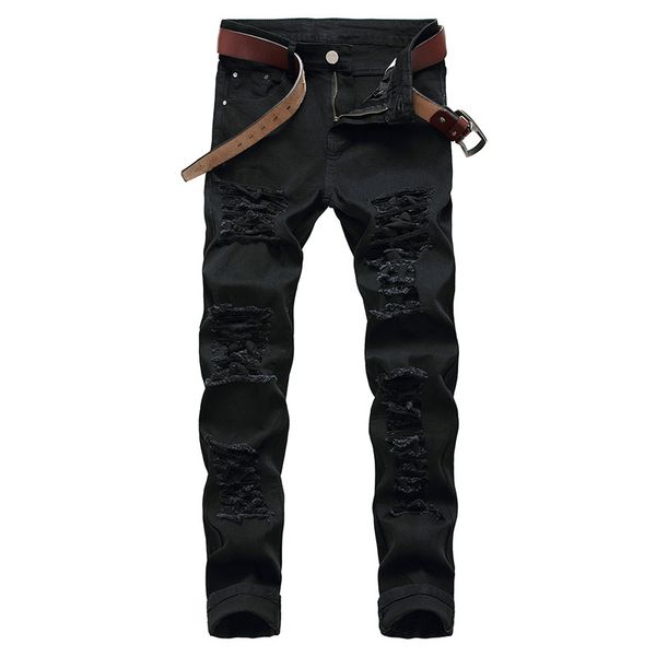 

new men casual jeans fashional denim pants knee holes hiphop pants washed middle waist high quality, Blue