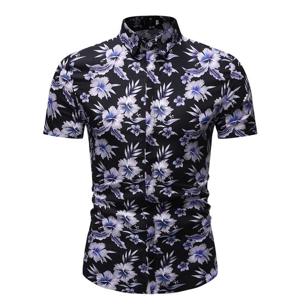 

mens slim fit short sleeve shirts camisa masculina 2020 brand summer beach hawaiian shirt men party vacation casual flroal shirt, White;black