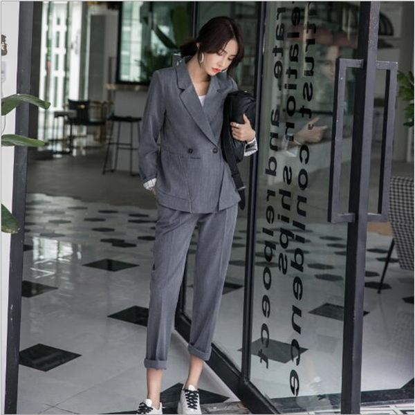 

2019 spring new women's long sleeve blazer suits double breasted elastic waist pants formal notched elegance n59, White;black