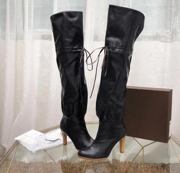 

2018 winner boots 40/41/42 genuine leather buckle knee high boots h black grey luxury classic flat ridding celeb