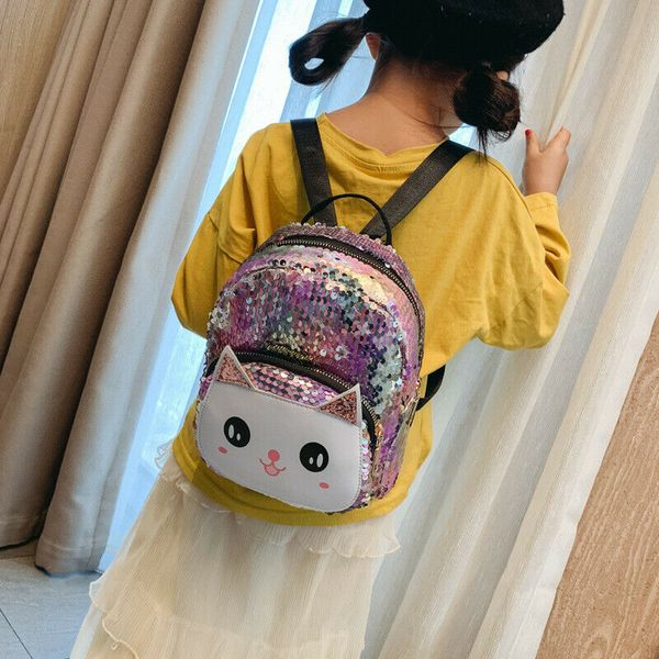

toddler kid girl boy cute cat shinny glitter sequined backpack fashion shoulder bag casual outdoor travel bag