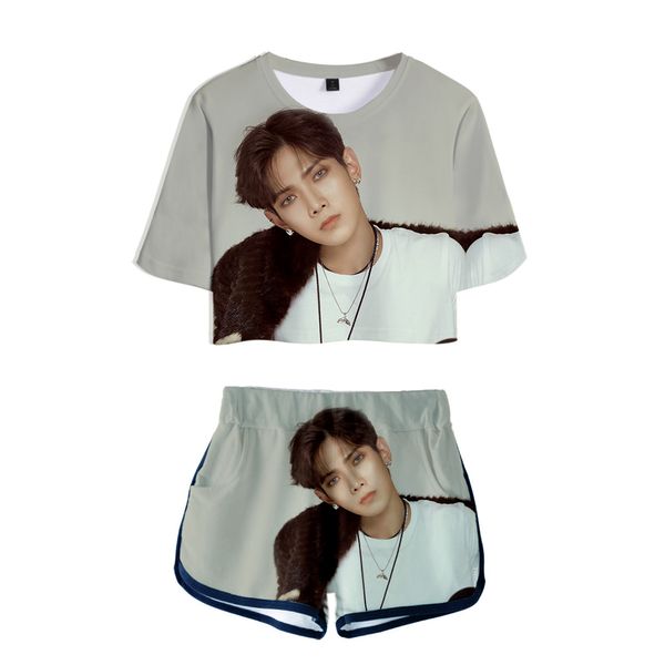 

ateez 3d printed kpop women two piece sets fashion summer short sleeve crop +shorts 2019 casual streetwear clothes, White