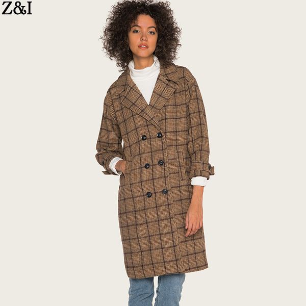 

2019 women's long fund windbreaker lattice loose coat woollen overcoat woman -18016, Black;brown