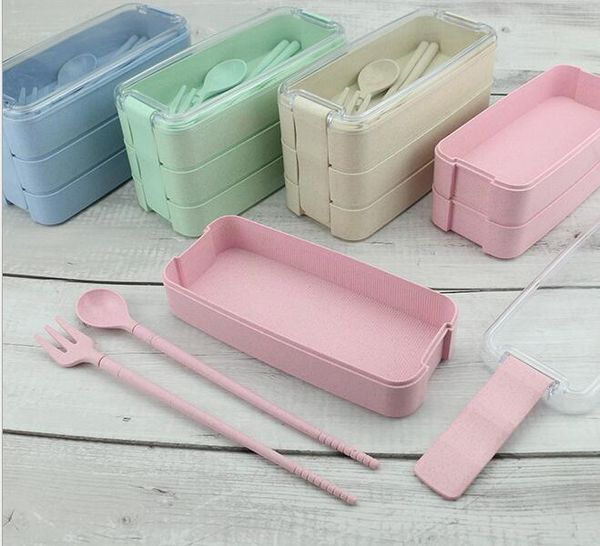 

2019 wholesales creative wheat straw lunch box student with spoon fork chopsticks three-layer lunch box household