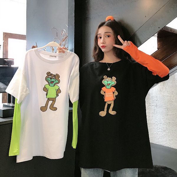 

fake two half-neck collar stitching long-sleeved cartoon t-shirt women 2020 spring and autumn new mid-length loose korean shirt, White