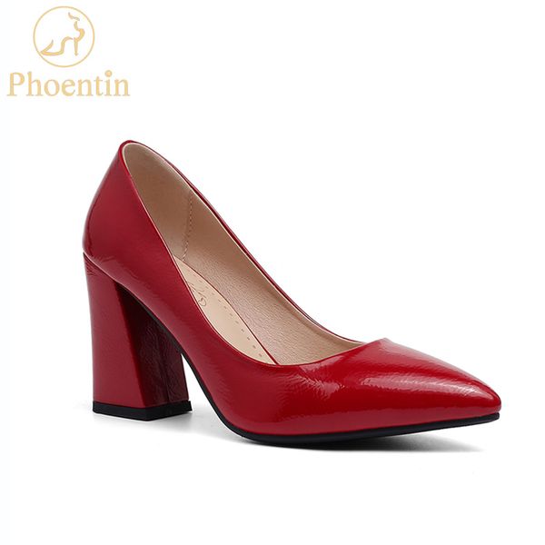 

phoentin 2019 new arrival patent leather red heels for women slip-on office lady shoes pointy plus size 43 red ft663, Black