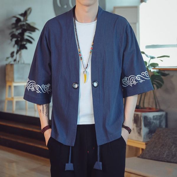 

men's jackets #3917 cotton linen kimono jacket men three quarter sleeve vintage loose plus size 5xl print coat china style summer, Black;brown