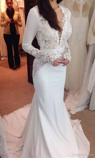 

2019 New Fashion Long Sleeve Mermaid Wedding Dresses Lace Dresses Illusion Bodice Mopping Long Section Modern Sheath Column Wedding Gowns