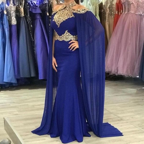 Royal Blue Chiffon sereia Vestidos de noite com xaile Gold Lace Applique Manto Kaftan Turquia Robe Longo Formal Wear Vestido Robe