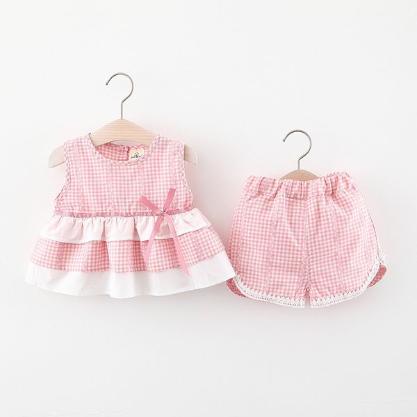 

2020 girls suit summer infant girl baby summer lace plaid vest shorts fashion two-piece set, White