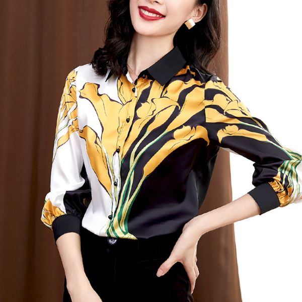 

spring long sleeve print shirts women print flower shirts femme blouses, White