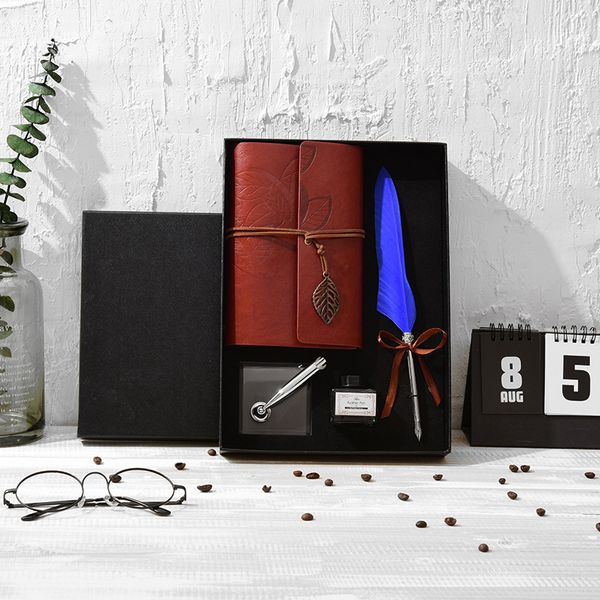 

2019 new retro feather pen book set notebook pen gift teacher's day gift 1set english calligraphy feather dip writing ink