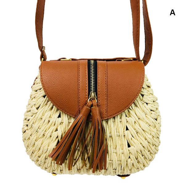 

women shoulder bags color-blocked tassel concise shoulder bags casual retro zipper straw