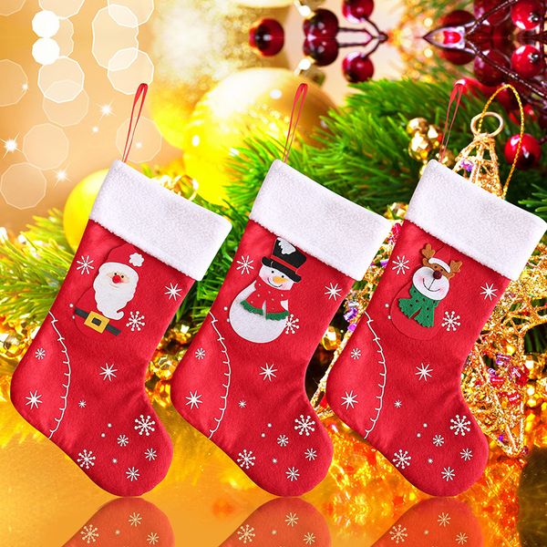 

2019 new christmas stockings fabric santa claus sock gift snowman deer pocket hanging xmas tree ornament kids candy bag
