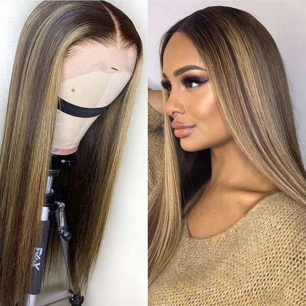 

highlights color ombre blonde lace front human hair wigs 13x6 deep part wig with baby hair straight brazilian remy, Black;brown