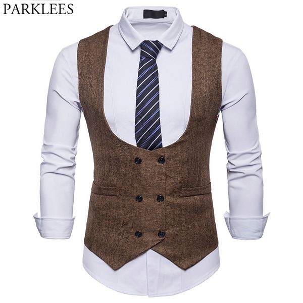 

men's double breasted sleeveless waistcoat 2018 fashion u neck slim fit suit vest men formal business wedding gentleman vests, Black;white