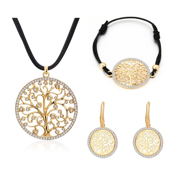 

classic tree of life jewelry set for women rhinestone gold silver pendant long necklace dangle earrings bracelet sets