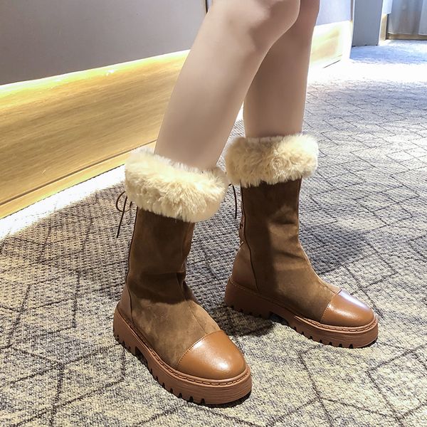 

rock shoes woman lace up snow boots for women low heels booties plush booties ladies round toe winter footwear luxury designer, Black