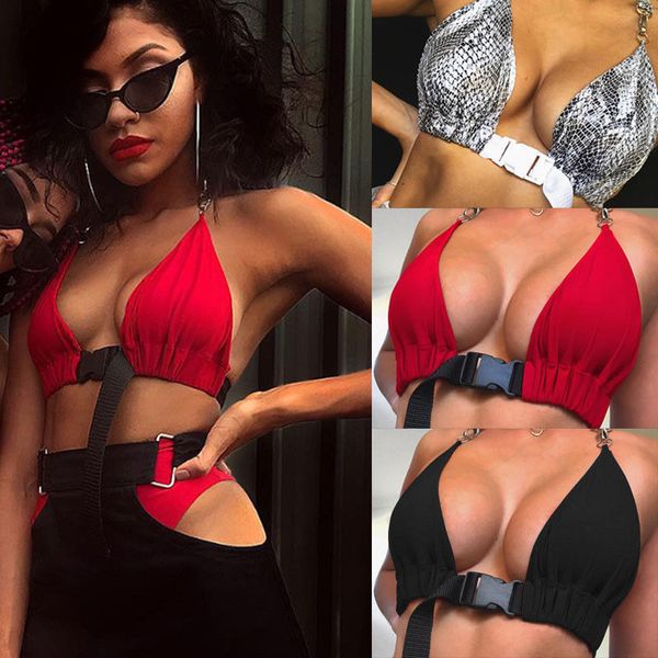 

2019 women casual solid push up ladies front buckle halter bralette bralet bra bustier crop unpadded tank 3colors, Red;black