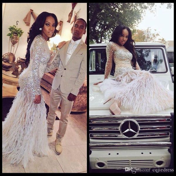 

new couples fashion prom evening dress black girl vestidos de mermaid ostrich feathers blingbling rhinestones beaded illusion pageant gowns, Black;red