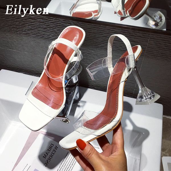 

eilyken white pvc jelly sandals fashion square toe perspex spike high heels transparent crystal heel female nightclub shoes, Black