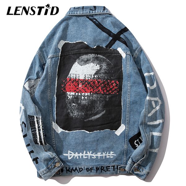 

lenstid autumn harajuku hip hop character oil paint printed bomber denim jackets mens distressed streetwear vintage jeans jacket, Black;brown