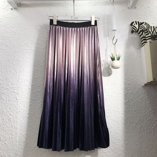 

skirts for women long skirt gradient color velvet elegant long skirts women fashion autumn winter high waist pleated skirt female, Black