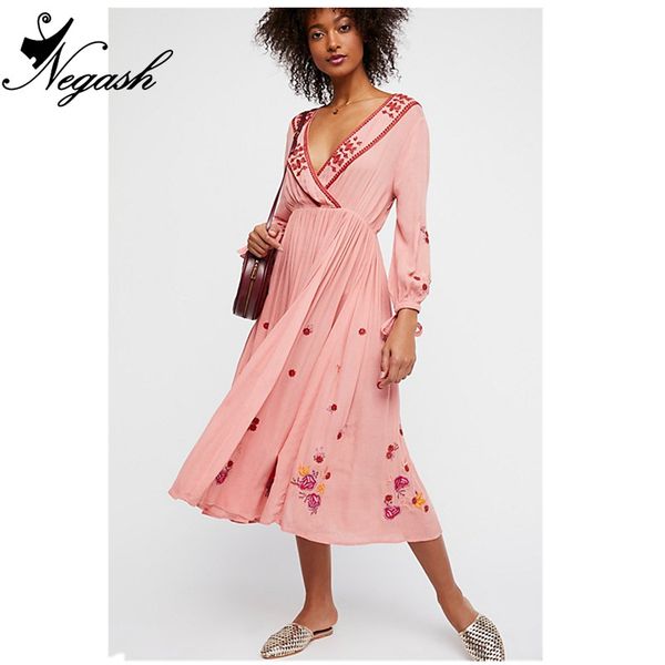 

high-quality real europe spring summer 2018 bohemia flower embroidery deep-v decoration retro styled dresses vestidos 3 colors, Black;gray