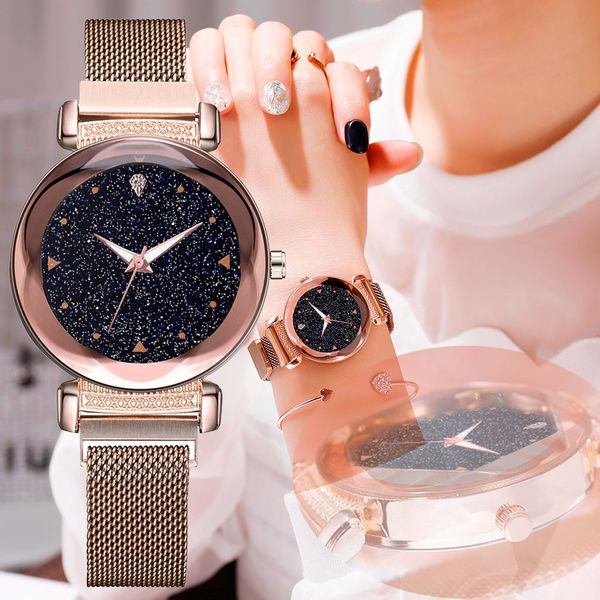 

2019 women bracelet watch fashion starry sky mosaic diamond quartz mesh belt magnetic buckle ladies watch relogio, Slivery;brown