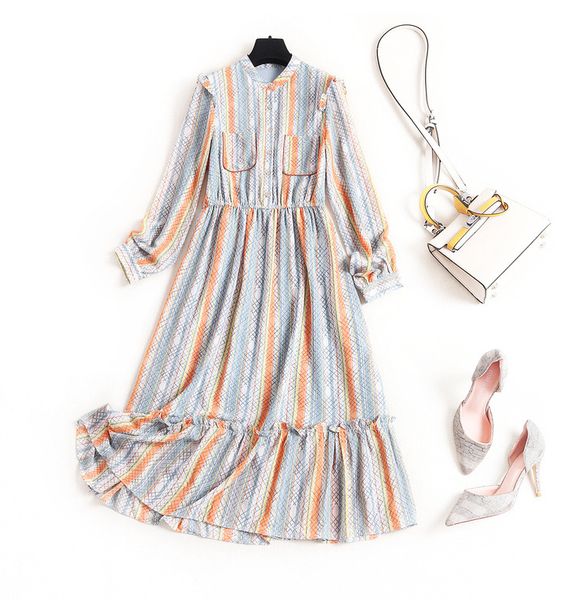 

geometric printed chiffon dress female spring crew neck high waist fashion stitching dress women fashion vintage clothes new, Black;gray