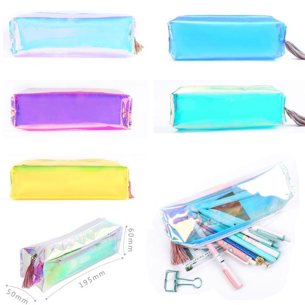

ins laser pen bag clear makeup cosmetic bag zipper pencil case travel storage bag pouch school supply with tassels