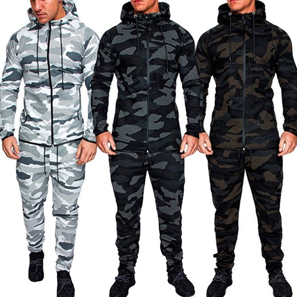 

new fashion men set long sleeve camouflage hoodies+pants set male tracksuit outdoors suit men's gyms casual sportswear suit, Gray