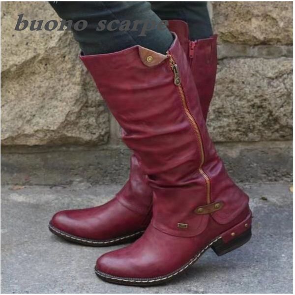 

2019 round toe casual women's leather boots side zip mid heel women boots, Black