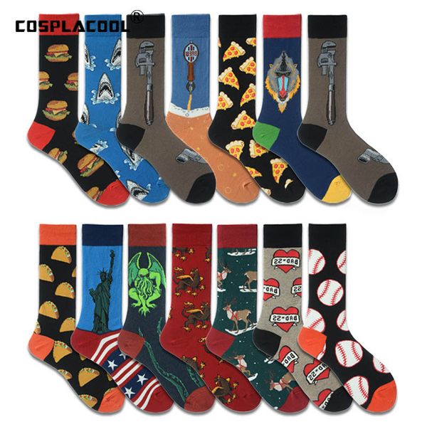 

men socks happy delicious print colorful socks hamburger pizza funny harajuku skateboard cotton dress wedding sokken, Black