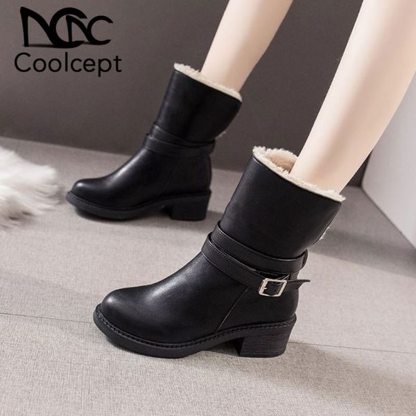 

coolcept winter women ankle boots warm thick fur fashion buckle shoes women stylish square heel plush casual footwear size 35-40, Black