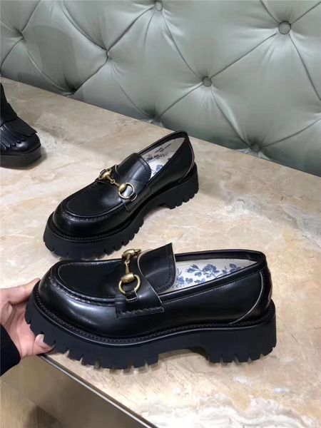 

fanshion women 2019 new style thick lug sole leather mules desiger platform luxury shoes with horsebot buckle and embroidered bee eur34-40, Black