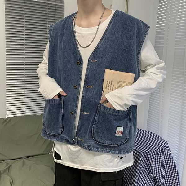 

2019 autumn mens denim gilet bf wind loose cotton short vest winter male sleeveless jacket blue japan style single breasted, Black;white