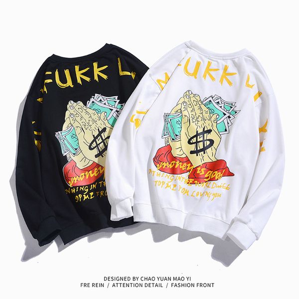 

hoodies tide brand men's wear hip-hop round neck long sleeve sweater easy 2019 season printing pullover loose coathoodie hoodie, Blue;black