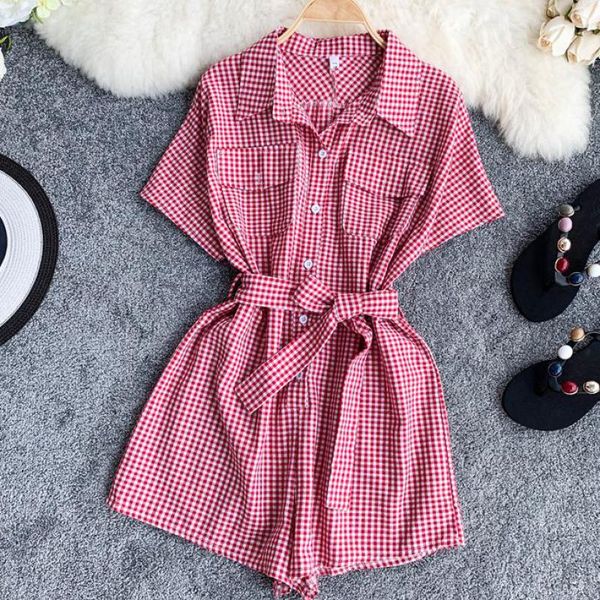 

elegant women pink black plaid playsuit bow tie sashes female cashal short jumpsuit romper short sleeve overalls t224, Black;white