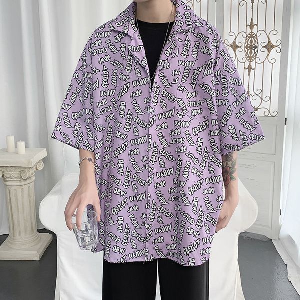 

2020 summer new youth popular men's english printed loose five-point sleeve shirt fashion casual shirt jacket purple -2xl, White;black