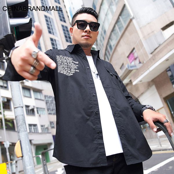 

super brand big size men's wear autumn clothes plus fat plus men shirt trend letter printing long sleeve shirt, White;black