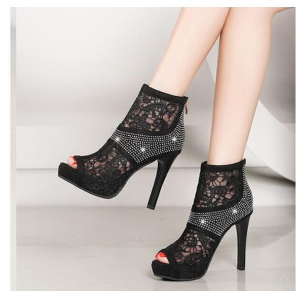 

cool boots female high-heeled shoes 2020 the new summer lace and gauze drill han edition joker sandals shoes, Black