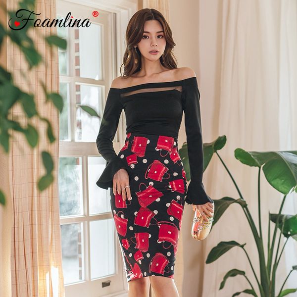 

foamlina 2019 spring fashion women two pieces set slash neck long flare sleeve crop + printing pencil skirt suits, White