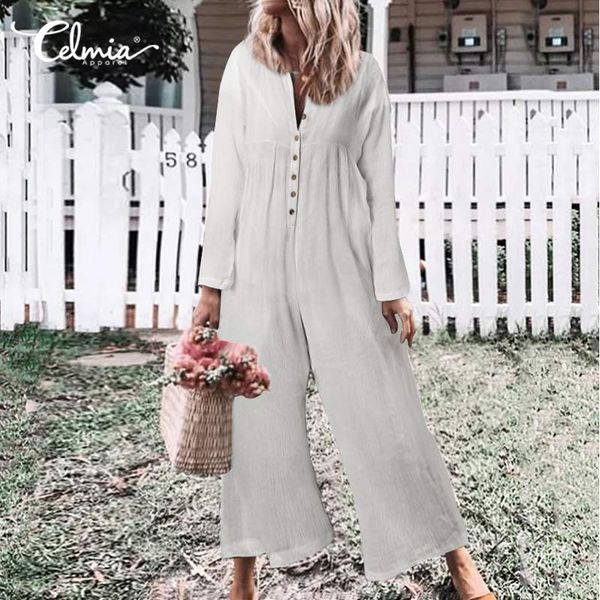 

oversized rompers celmia 2020 autumn women vintage wide leg jumpsuits casual loose buttons work playsuits long sleeve overalls, Black;white