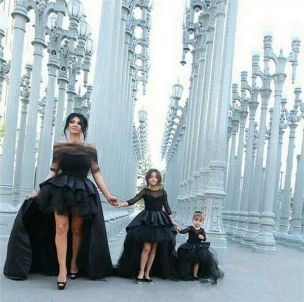 

2019 vintage black lace long sleeves prom dresses high low tulle hi-lo matching mother and daughter party gowns flower girl dress